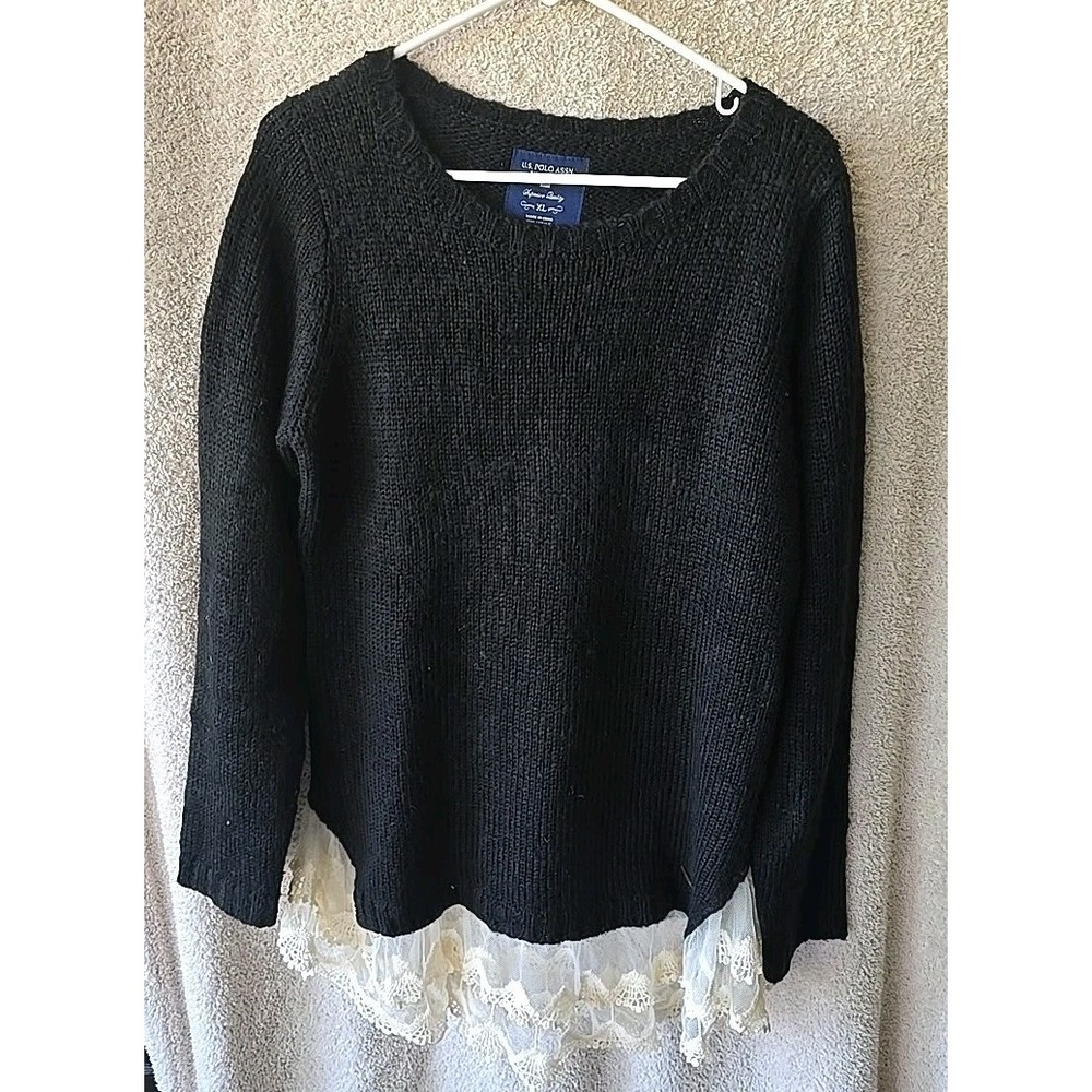 U.S. Polo Assn Women's Sweater Black With Added Cream Lace Bottom XL (FitsL) NWT